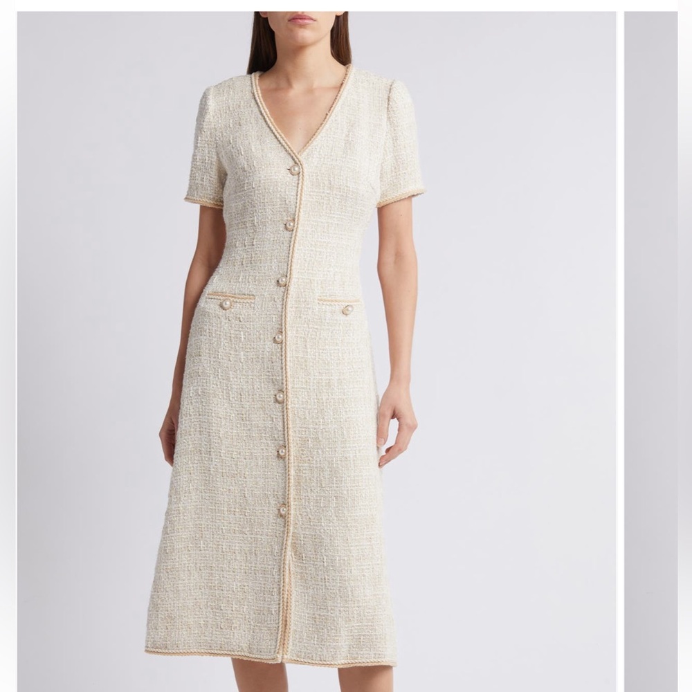 V-Neck Button Front Tweed Midi Dress